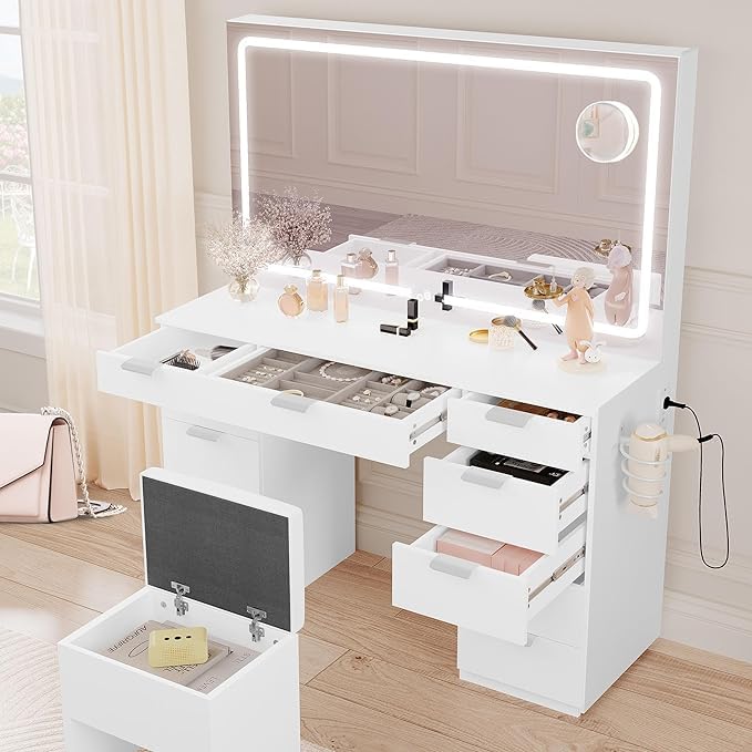 DWVO Vanity Desk with LED-Lit Mirror & Lights, Makeup Vanity Station with 11 Compartments and Magnifier, 46'' Dressing Table with Electrical Socket and Seating Storage for Bedroom, Frost White