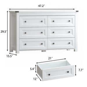 Wodeer White 6 Drawers Dresser for Bedroom,Wood Farmhouse Storage Chest of Drawers, Dresser with Metal Handles,Dressers Organizer for Bedroom, Living Room,Nursery,Hallway