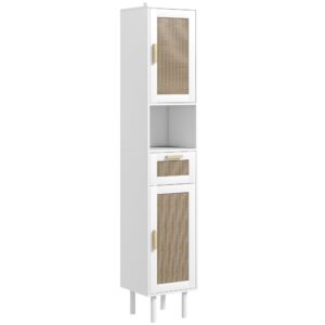 homcom tall bathroom storage cabinet with rattan doors, freestanding bathroom cabinet with open shelf, drawer, cabinets and adjustable shelves for small space, white