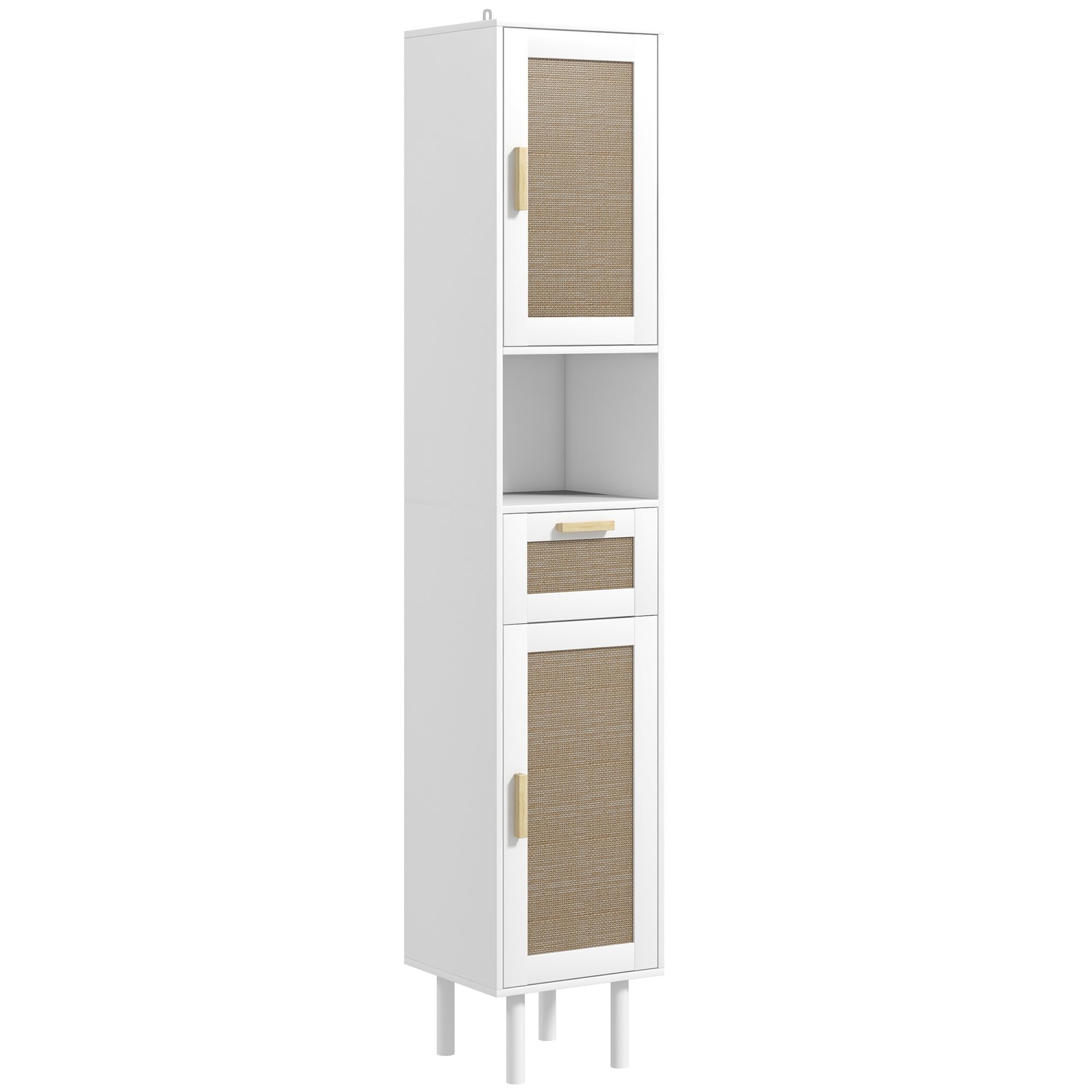 HOMCOM Tall Bathroom Storage Cabinet with Rattan Doors, Freestanding Bathroom Cabinet with Open Shelf, Drawer, Cabinets and Adjustable Shelves for Small Space, White