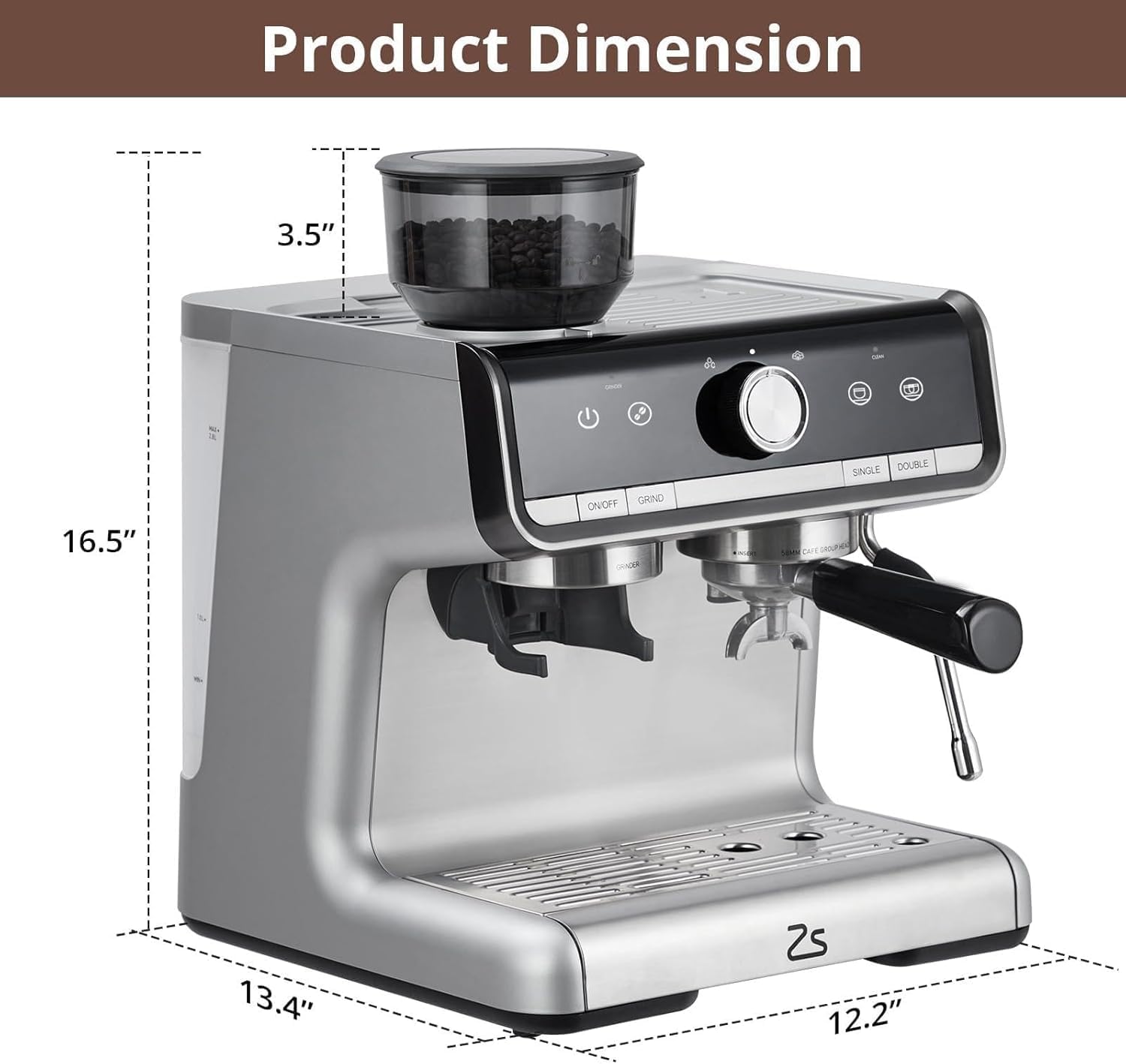 Professional Semi Automatic Espresso Maker With Grinder,Espresso Machine 20 Bar Coffee Machine Cappuccino Latte Maker With Milk Frother Steam Wand & 2.8L Water Tank (Silver with gun color plating)