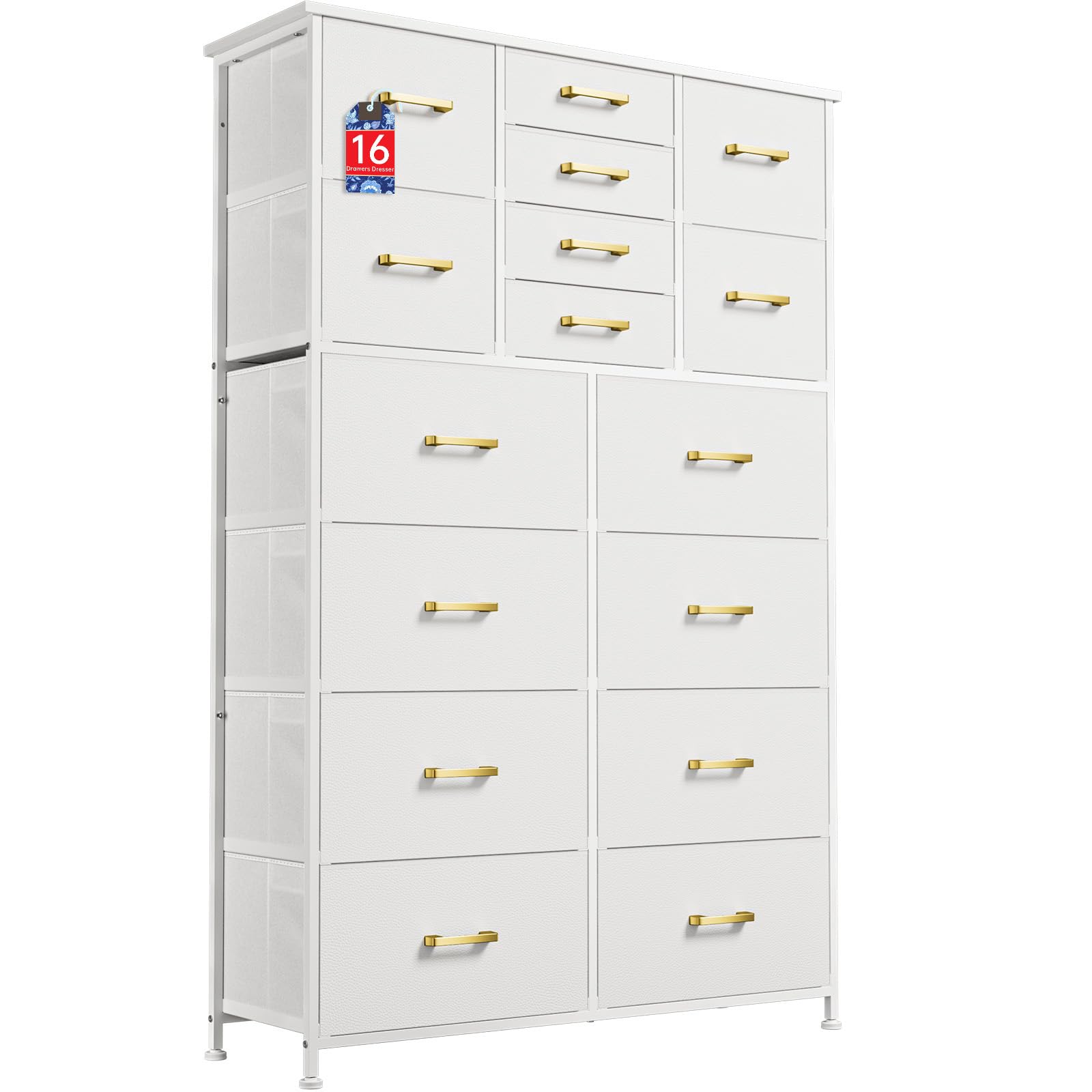 YILQQPER Tall Dresser for Bedroom,16 Drawer Dressers & Chests of Drawers, Fabric Bedroom Dresser with Wood Top, Metal Frame, Tall Storage Tower for Closet Entryway, White