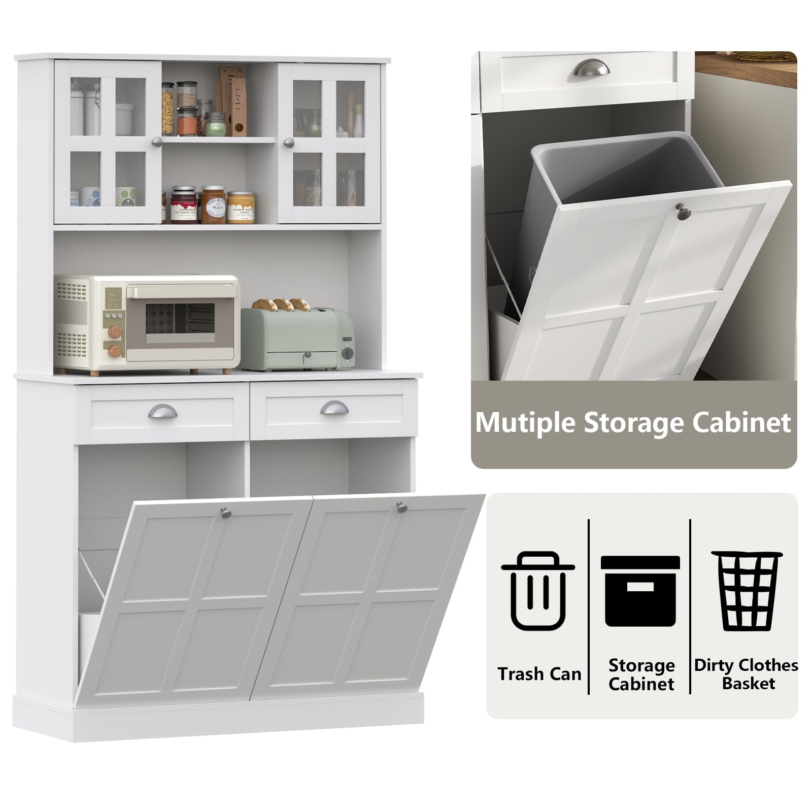 Kitchen Pantry Cabinet with Double Tilt Out Trash Cabinet, 68" Tall Kitchen Storage Cabinet with 2 Drawers & Hutch, 20 Gallon Hidden Trash Can Cabinet, Kitchen Cupboard with Microwave Coffee Stand