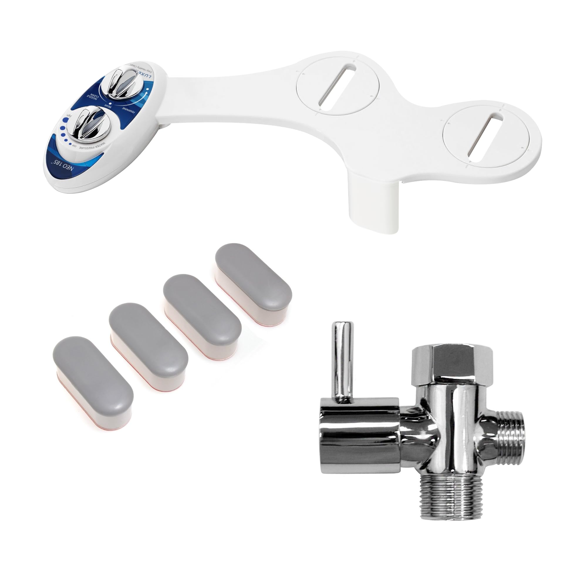 LUXE Bidet NEO 185 Blue, Toilet Seat Bumpers, and Shut-Off Valve T-Adapter Bundle