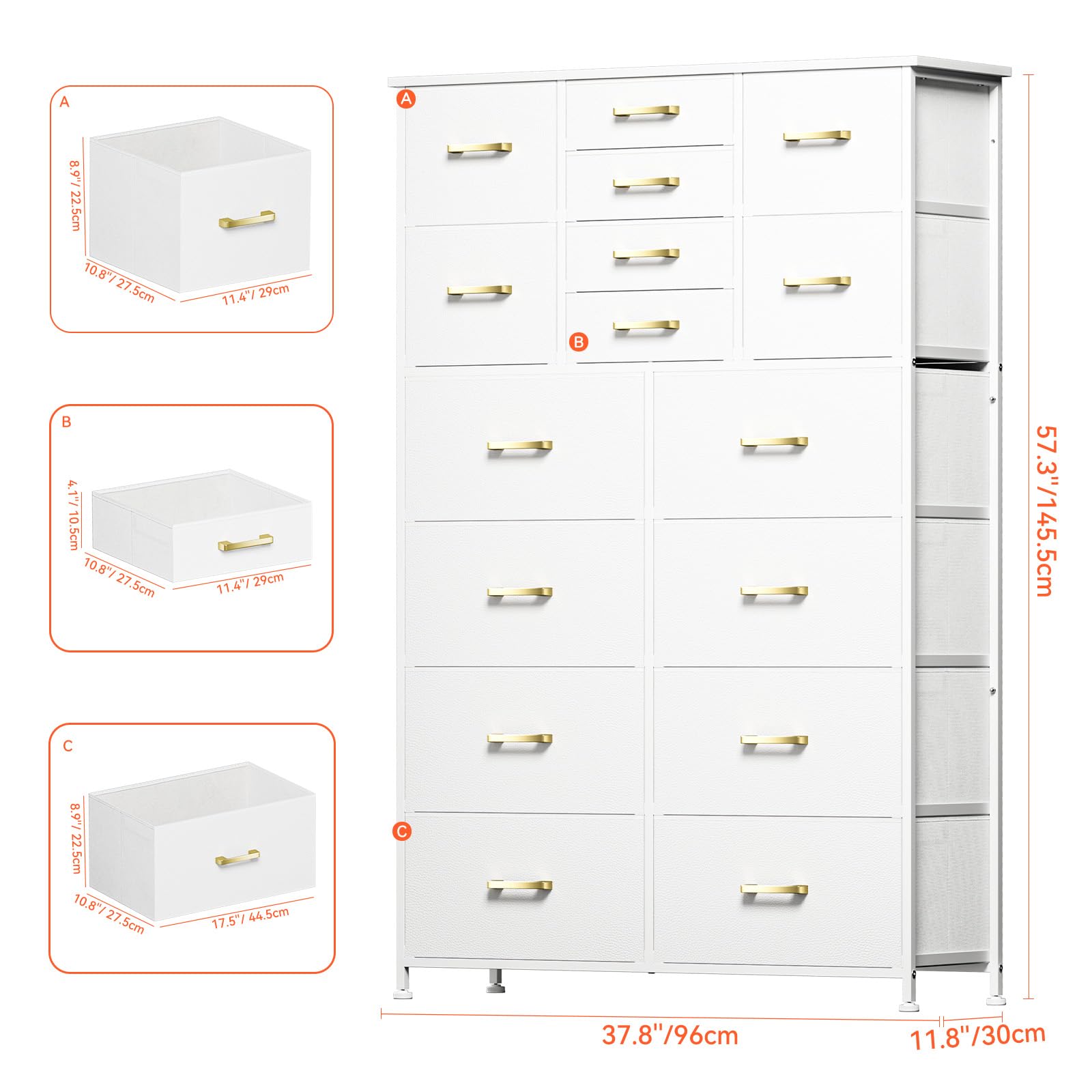 YILQQPER Tall Dresser for Bedroom,16 Drawer Dressers & Chests of Drawers, Fabric Bedroom Dresser with Wood Top, Metal Frame, Tall Storage Tower for Closet Entryway, White