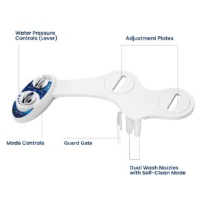 LUXE Bidet NEO 185 Blue, Toilet Seat Bumpers, and Shut-Off Valve T-Adapter Bundle