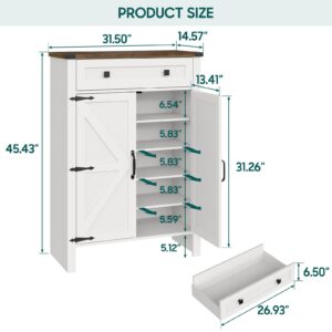 Shoe Storage Cabinet, 5-Tier Farmhouse Shoe Cabinet with Adjustable Shelves & Drawer, Wooden Shoes Rack Cabinet Shoe Storage Organizer with Doors for Entryway, Hallway, Closet, Living Room, White