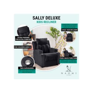 Sally Deluxe Kids Recliner Chair with Footrest & 2 Cup Holders, Push Back Toddler Recliner for Ages 3+, Perfect Kid Recliners for Boys & Girls - Ideal Recliner Chairs for Toddlers, Kids Room - Black