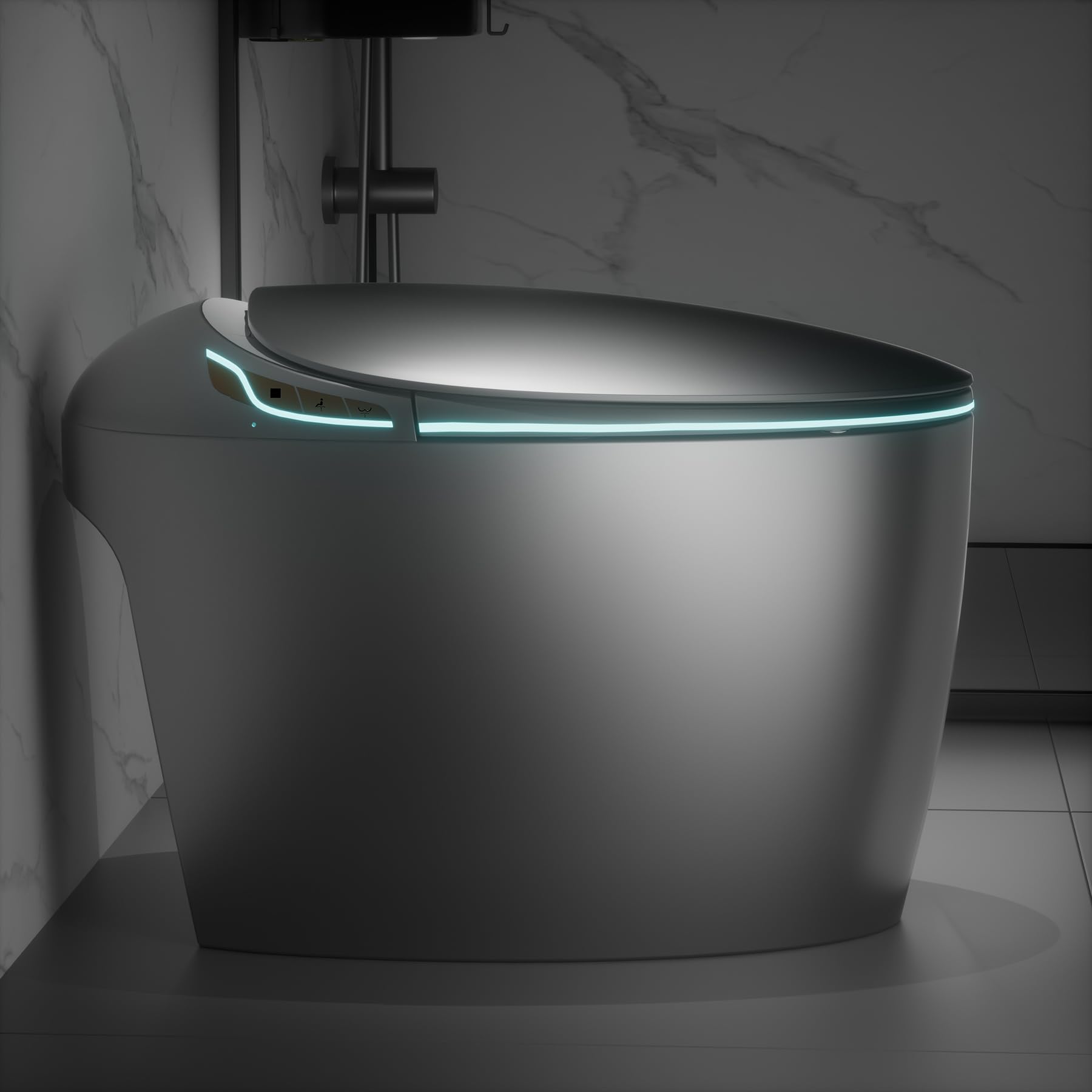 WinZo Luxury Smart Toilet With Bidet Seat, Elongated Egg Shaped Modern Design, Auto Open Auto Flush, Adjusted Heated Seat, Warm Water and Dryer, Night Light, Side Buttons, Grey