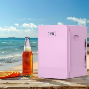 Kikihuose 22L/30Cans Mini Fridge for Bedroom, 12v DC Portable Cooler & Warmer, Mini Refrigerator with Glass Front, for Car Office Desk & Dorm Room Beverage Skincare Makeup (Fast Cooling Pink)