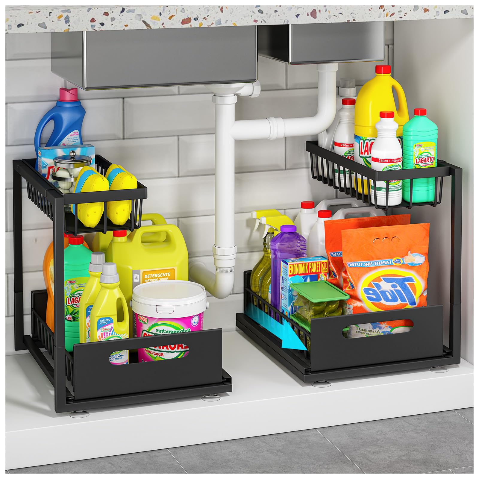 L-Shape Under Sink Organizer 2 Pack, Two Tier Pull Out Kitchen Bathroom Organizers and Storage, Slide Out Sink Shelf Cabinet Storage Shelves, Multi-Purpose Cabinet Organizer Shelf for Home, Black