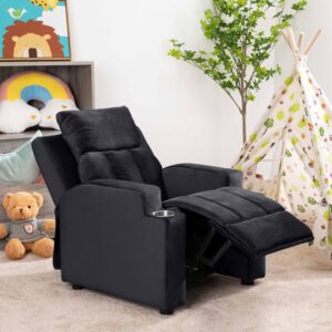 sally deluxe kids recliner chair with footrest & 2 cup holders, push back toddler recliner for ages 3+, perfect kid recliners for boys & girls - ideal recliner chairs for toddlers, kids room - black