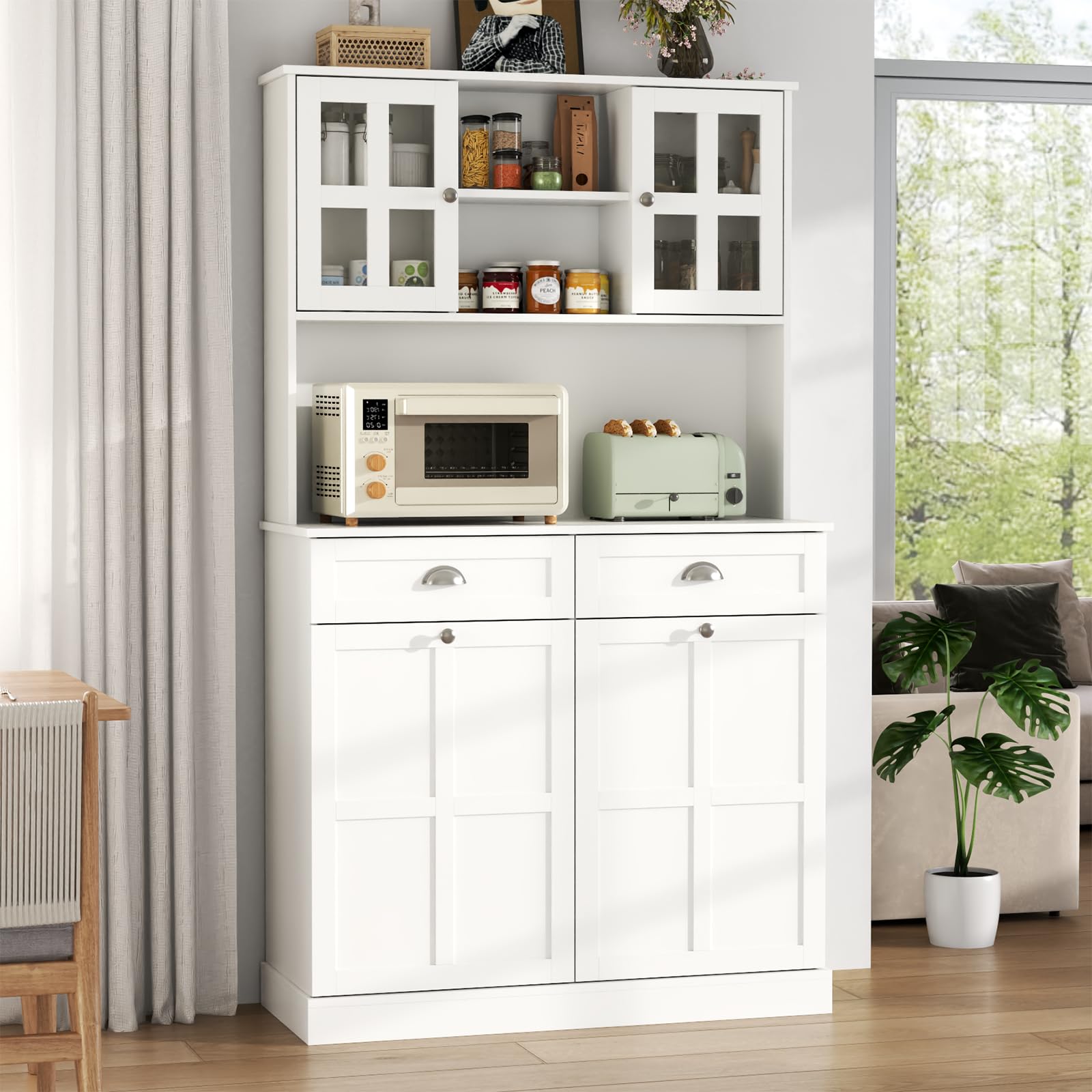 Kitchen Pantry Cabinet with Double Tilt Out Trash Cabinet, 68" Tall Kitchen Storage Cabinet with 2 Drawers & Hutch, 20 Gallon Hidden Trash Can Cabinet, Kitchen Cupboard with Microwave Coffee Stand