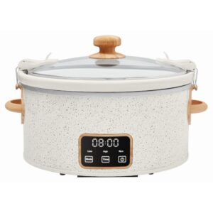 the pioneers womans programmable 6 qt digital slow cooker with locking lid, touchscreen controls, dishwasher safe, perfect for potlucks, family meals, spill-free transport (linen speckle)