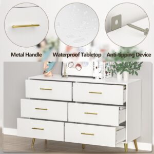 FURNIWAY 6-Drawer Dresser for Bedroom, Modern White Dresser with Gold Handles