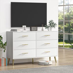 FURNIWAY 6-Drawer Dresser for Bedroom, Modern White Dresser with Gold Handles