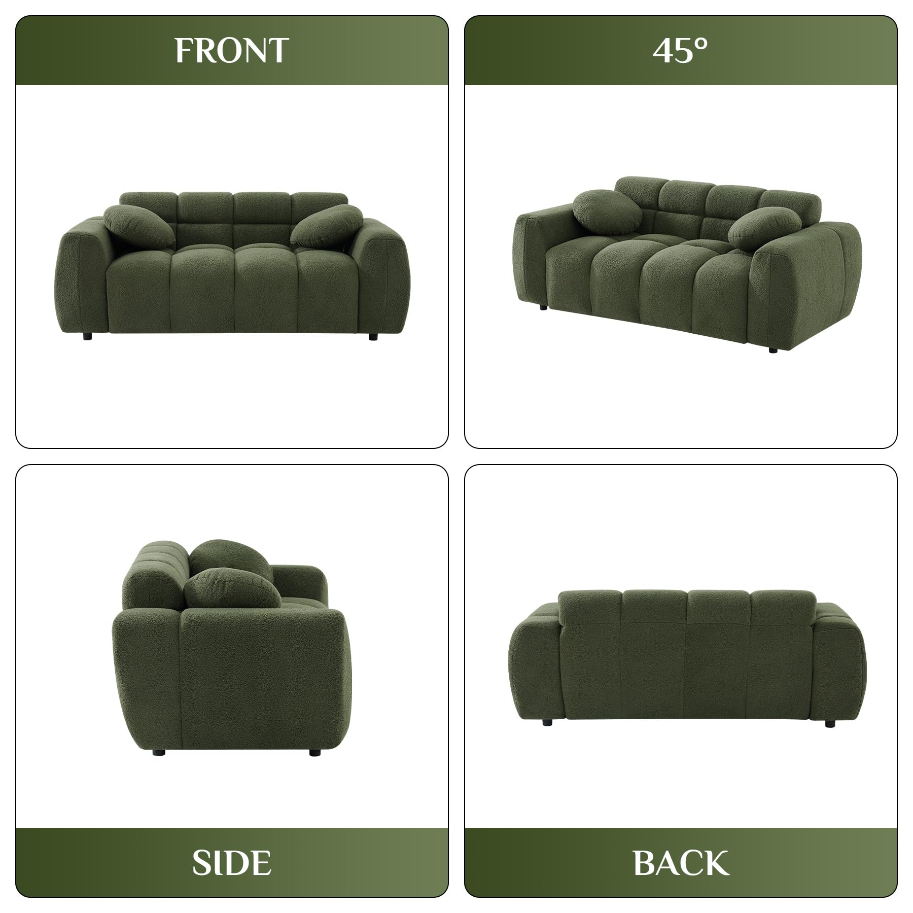 Wrofly Boucle Loveseat Sofa, 64.5" Comfy Tufted Upholstered Sherpa Deep Seat Cloud Couch, Modern Small Cozy Teddy 2 Seater Love Seat with 2 Pillows for Living Room Apartment Bedroom, Olive Green