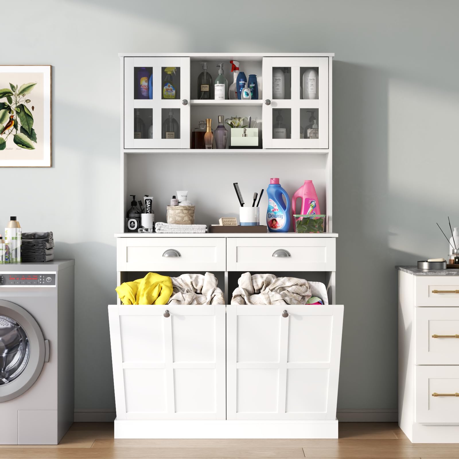 Kitchen Pantry Cabinet with Double Tilt Out Trash Cabinet, 68" Tall Kitchen Storage Cabinet with 2 Drawers & Hutch, 20 Gallon Hidden Trash Can Cabinet, Kitchen Cupboard with Microwave Coffee Stand