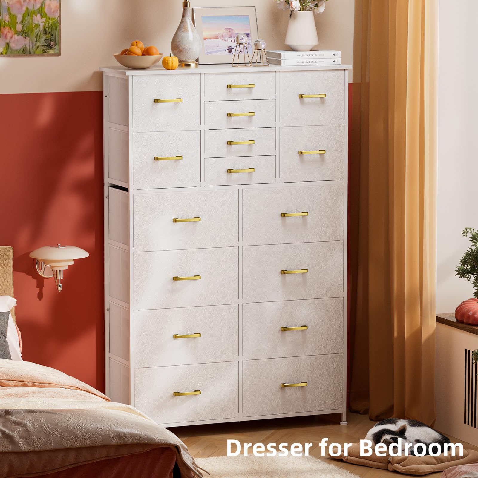 YILQQPER Tall Dresser for Bedroom,16 Drawer Dressers & Chests of Drawers, Fabric Bedroom Dresser with Wood Top, Metal Frame, Tall Storage Tower for Closet Entryway, White