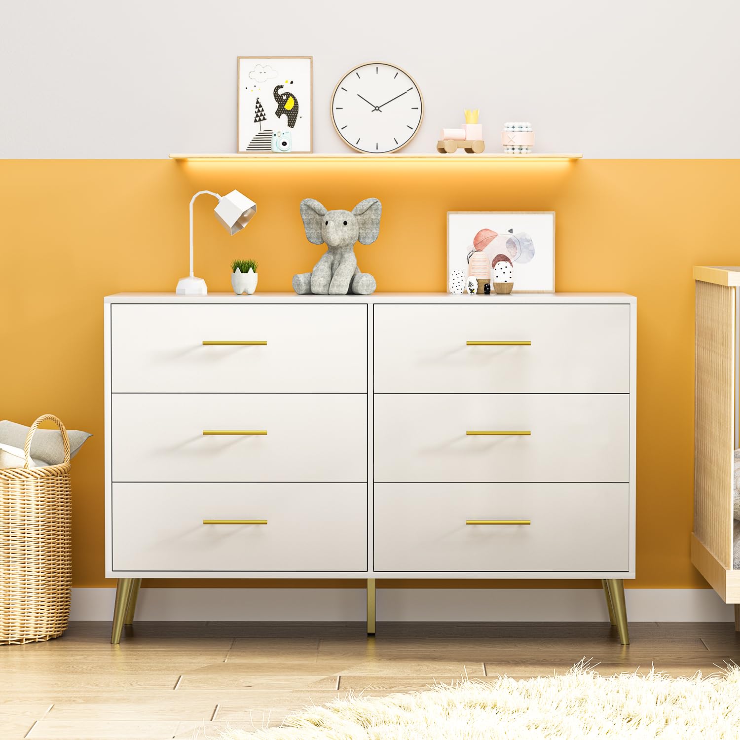 FURNIWAY 6-Drawer Dresser for Bedroom, Modern White Dresser with Gold Handles