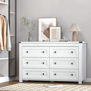 Wodeer White 6 Drawers Dresser for Bedroom,Wood Farmhouse Storage Chest of Drawers, Dresser with Metal Handles,Dressers Organizer for Bedroom, Living Room,Nursery,Hallway