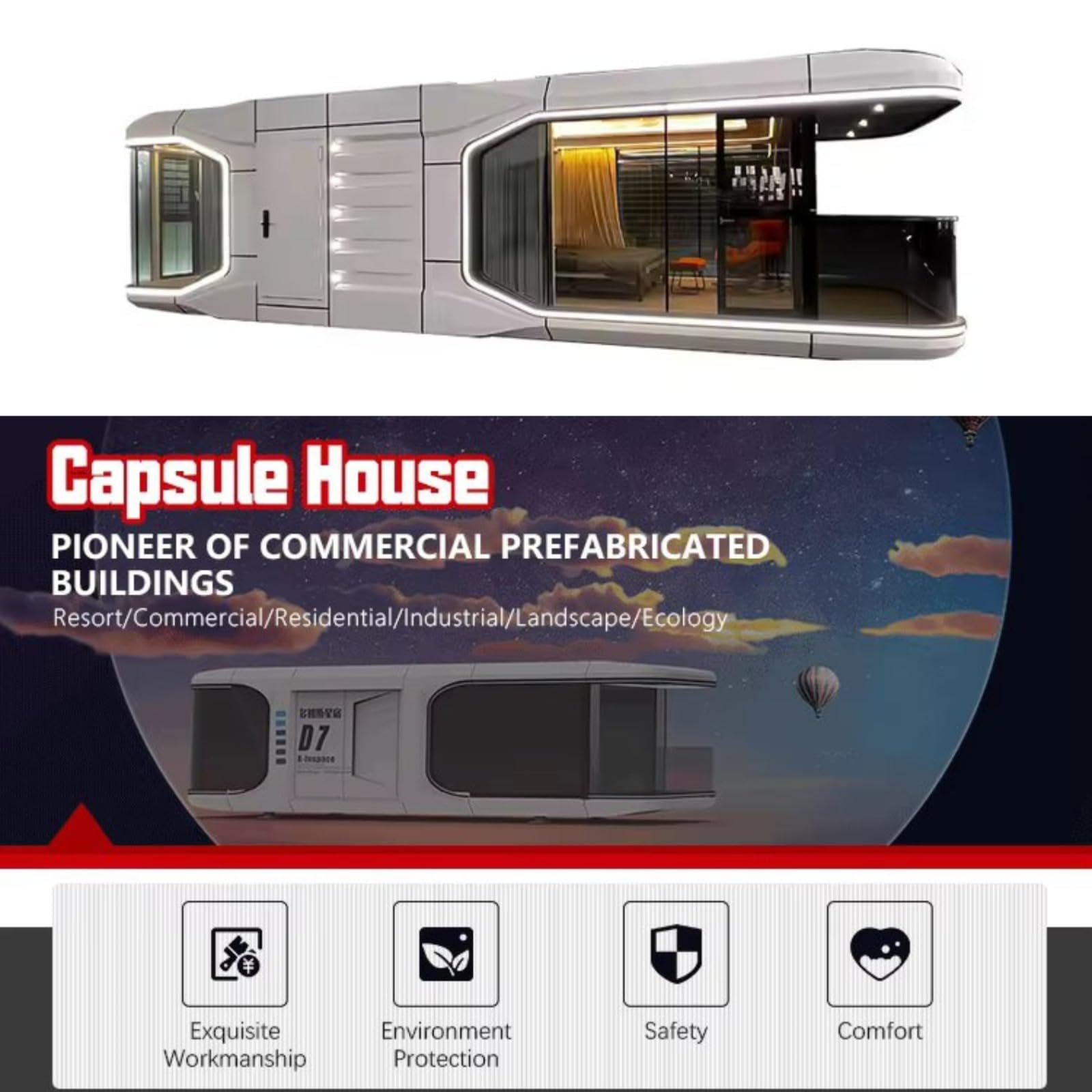 Capsule Home House, Commercial spce pod Hotel Luxury Tiny House fabricated Space Capsule Container Model D6