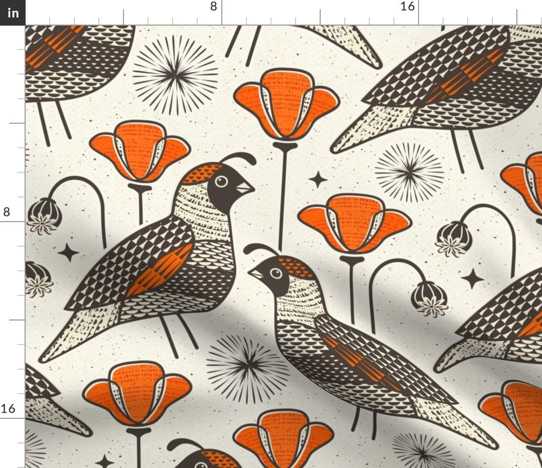 Spoonflower Fabric - Mid Century Quail Mod Floral Poppies Scandi Retro Neutral Bird Orange Printed on Petal Signature Cotton Fabric Fat Quarter - Sewing Quilting Apparel Crafts Decor