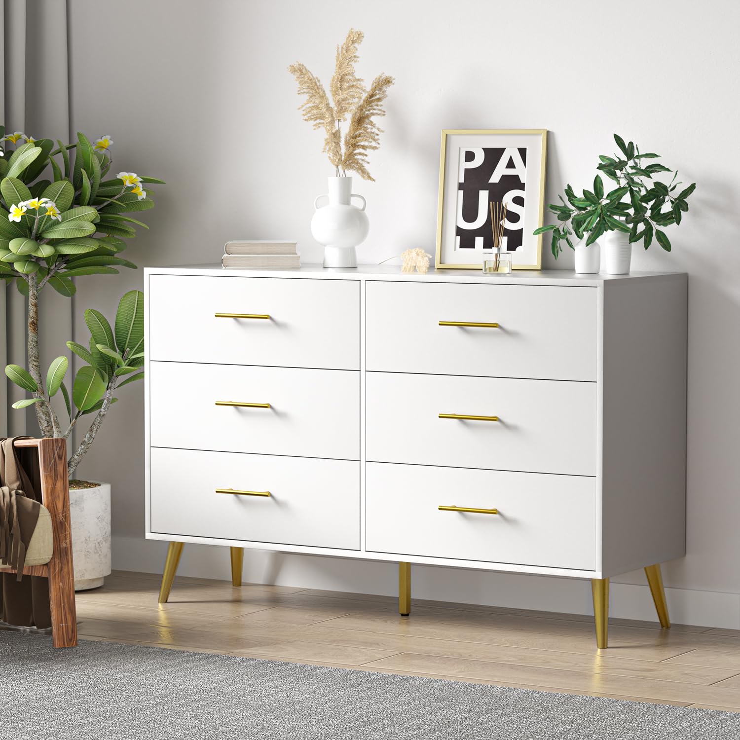 FURNIWAY 6-Drawer Dresser for Bedroom, Modern White Dresser with Gold Handles