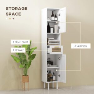 HOMCOM Tall Bathroom Storage Cabinet with Rattan Doors, Freestanding Bathroom Cabinet with Open Shelf, Drawer, Cabinets and Adjustable Shelves for Small Space, White