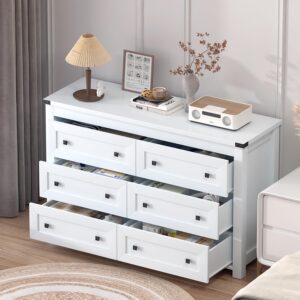 Wodeer White 6 Drawers Dresser for Bedroom,Wood Farmhouse Storage Chest of Drawers, Dresser with Metal Handles,Dressers Organizer for Bedroom, Living Room,Nursery,Hallway