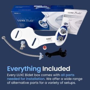 LUXE Bidet NEO 185 Blue, Toilet Seat Bumpers, and Shut-Off Valve T-Adapter Bundle