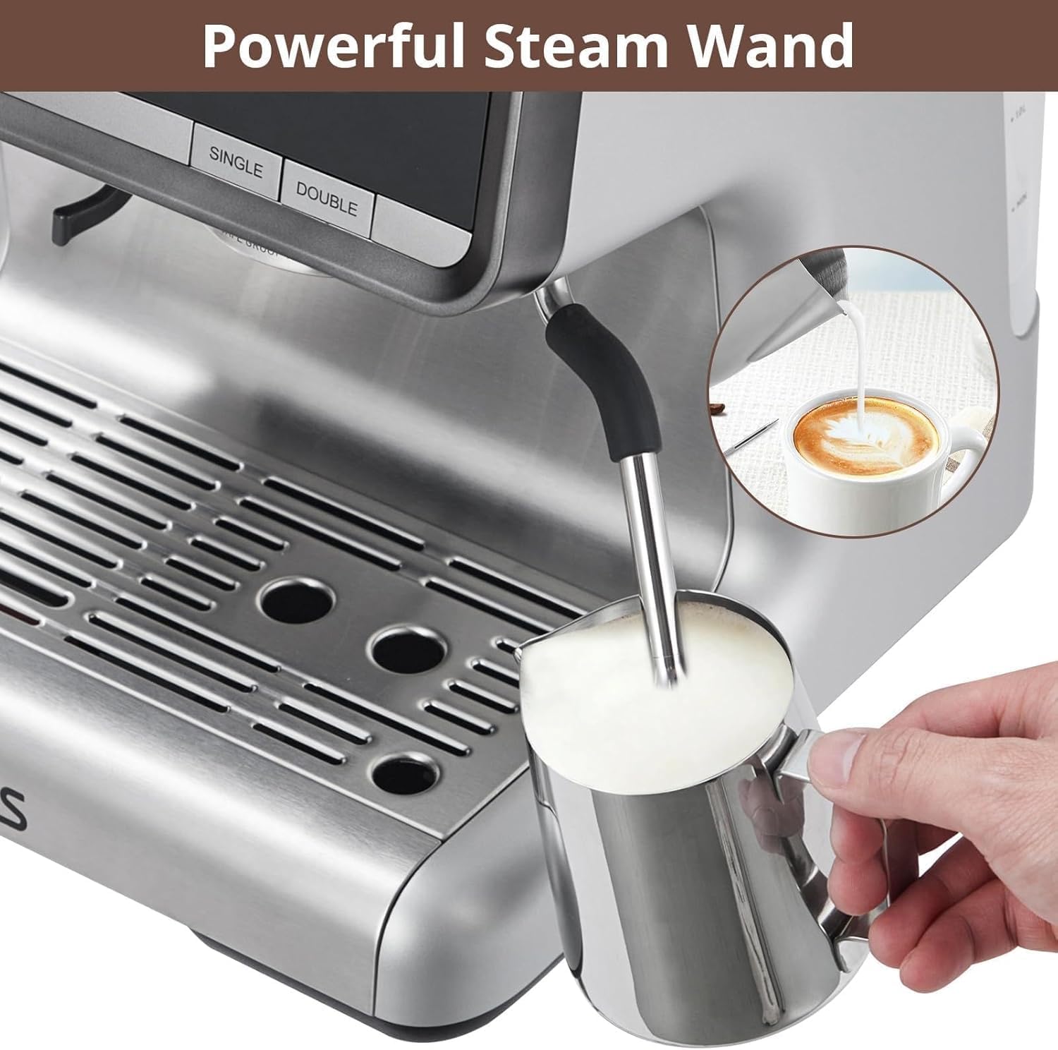 Professional Semi Automatic Espresso Maker With Grinder,Espresso Machine 20 Bar Coffee Machine Cappuccino Latte Maker With Milk Frother Steam Wand & 2.8L Water Tank (Silver with gun color plating)