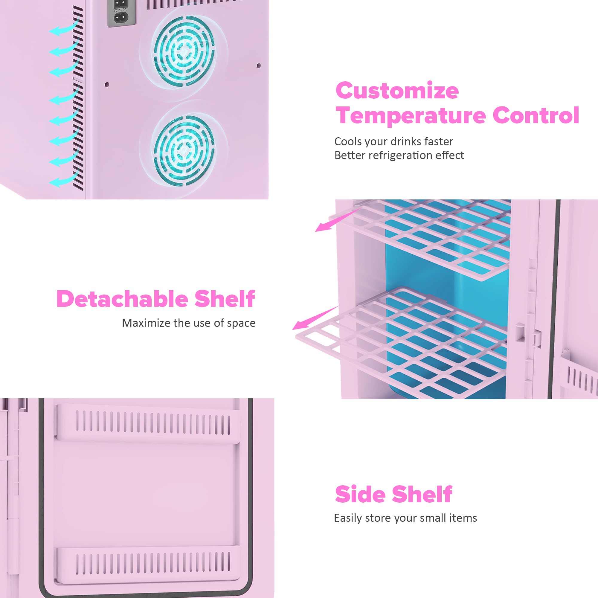 Kikihuose 22L/30Cans Mini Fridge for Bedroom, 12v DC Portable Cooler & Warmer, Mini Refrigerator with Glass Front, for Car Office Desk & Dorm Room Beverage Skincare Makeup (Fast Cooling Pink)