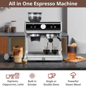 Professional Semi Automatic Espresso Maker With Grinder,Espresso Machine 20 Bar Coffee Machine Cappuccino Latte Maker With Milk Frother Steam Wand & 2.8L Water Tank (Silver with gun color plating)