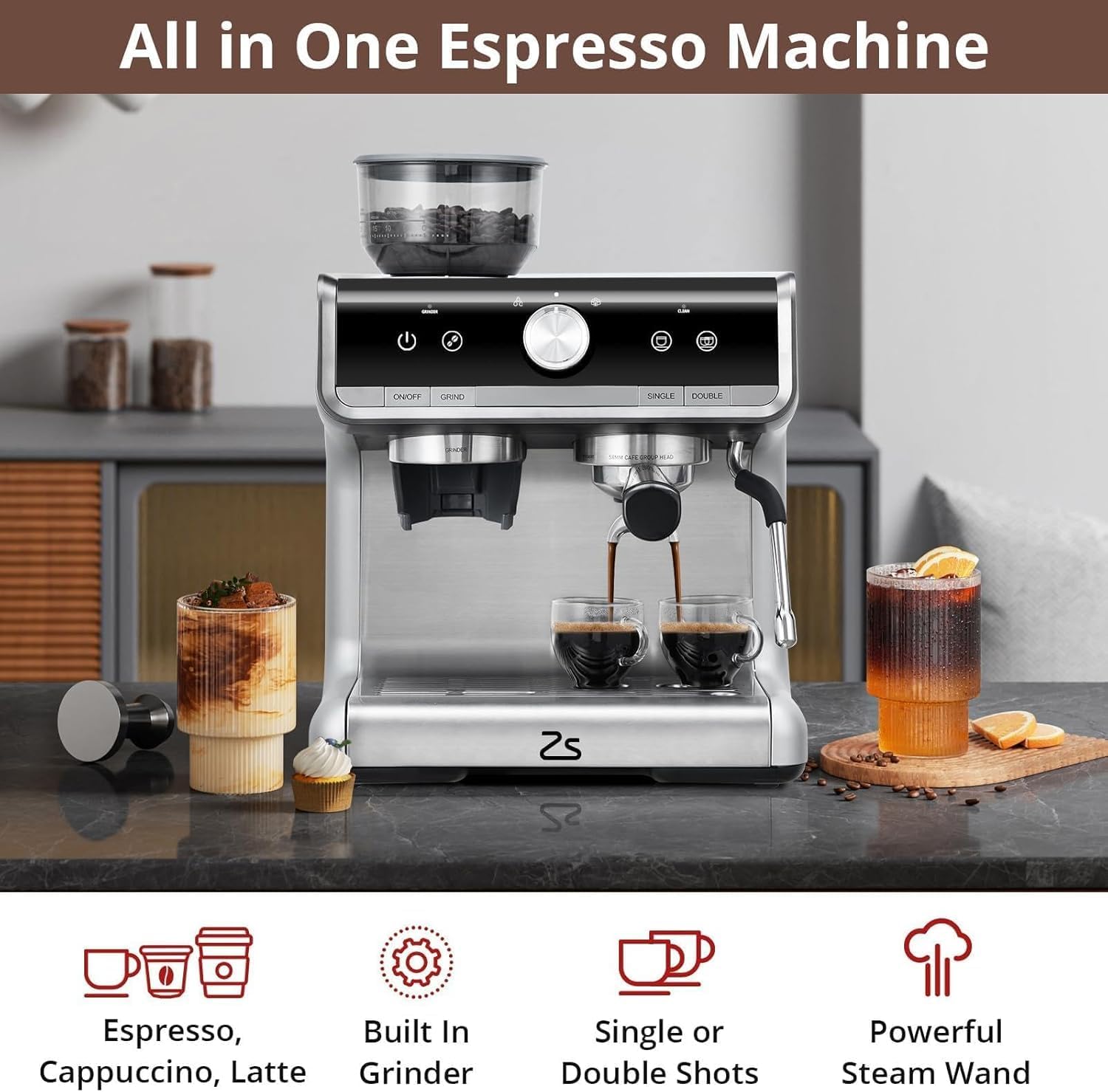 Professional Semi Automatic Espresso Maker With Grinder,Espresso Machine 20 Bar Coffee Machine Cappuccino Latte Maker With Milk Frother Steam Wand & 2.8L Water Tank (Silver with gun color plating)