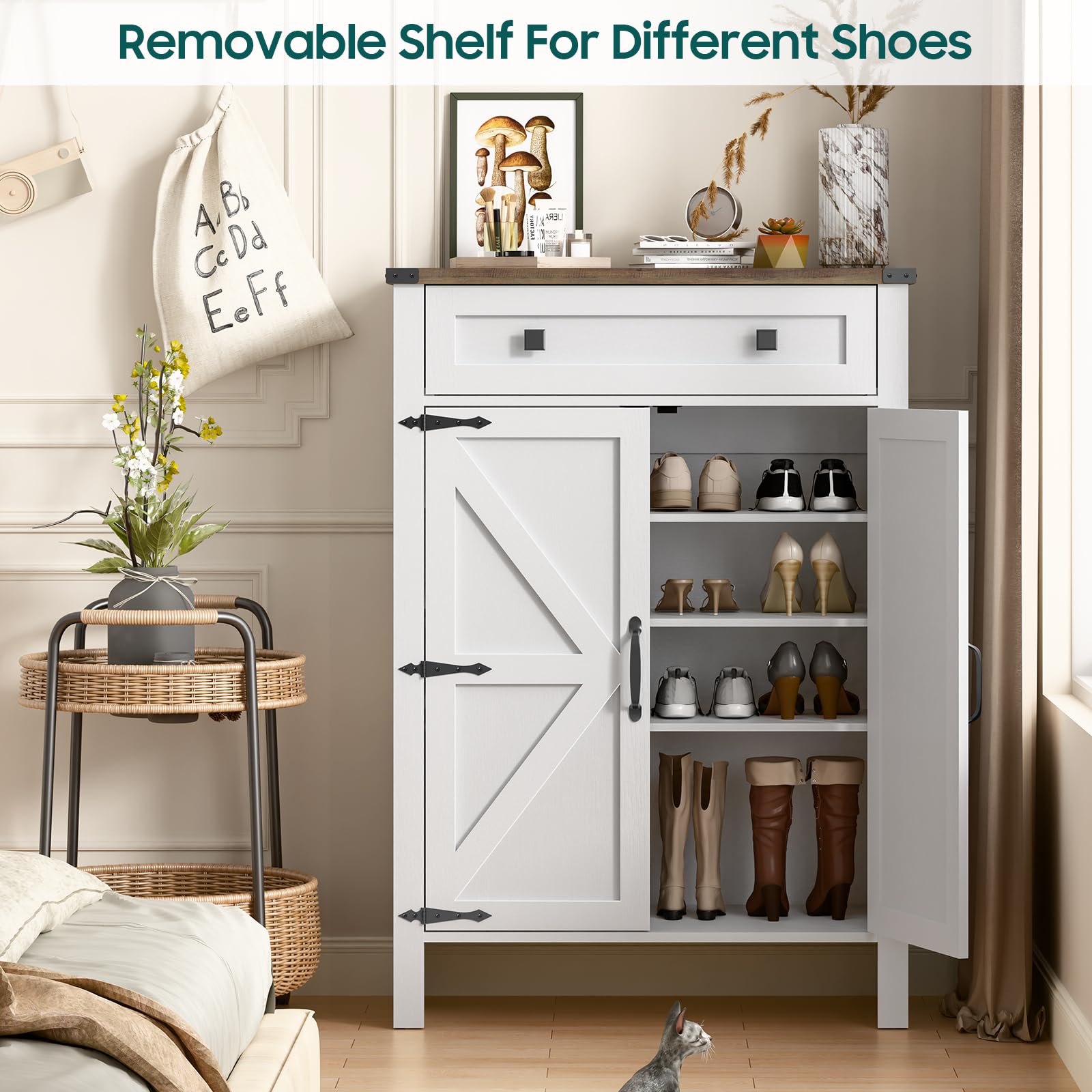 Shoe Storage Cabinet, 5-Tier Farmhouse Shoe Cabinet with Adjustable Shelves & Drawer, Wooden Shoes Rack Cabinet Shoe Storage Organizer with Doors for Entryway, Hallway, Closet, Living Room, White