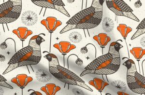 spoonflower fabric - mid century quail mod floral poppies scandi retro neutral bird orange printed on petal signature cotton fabric fat quarter - sewing quilting apparel crafts decor