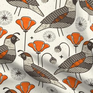 Spoonflower Fabric - Mid Century Quail Mod Floral Poppies Scandi Retro Neutral Bird Orange Printed on Petal Signature Cotton Fabric Fat Quarter - Sewing Quilting Apparel Crafts Decor