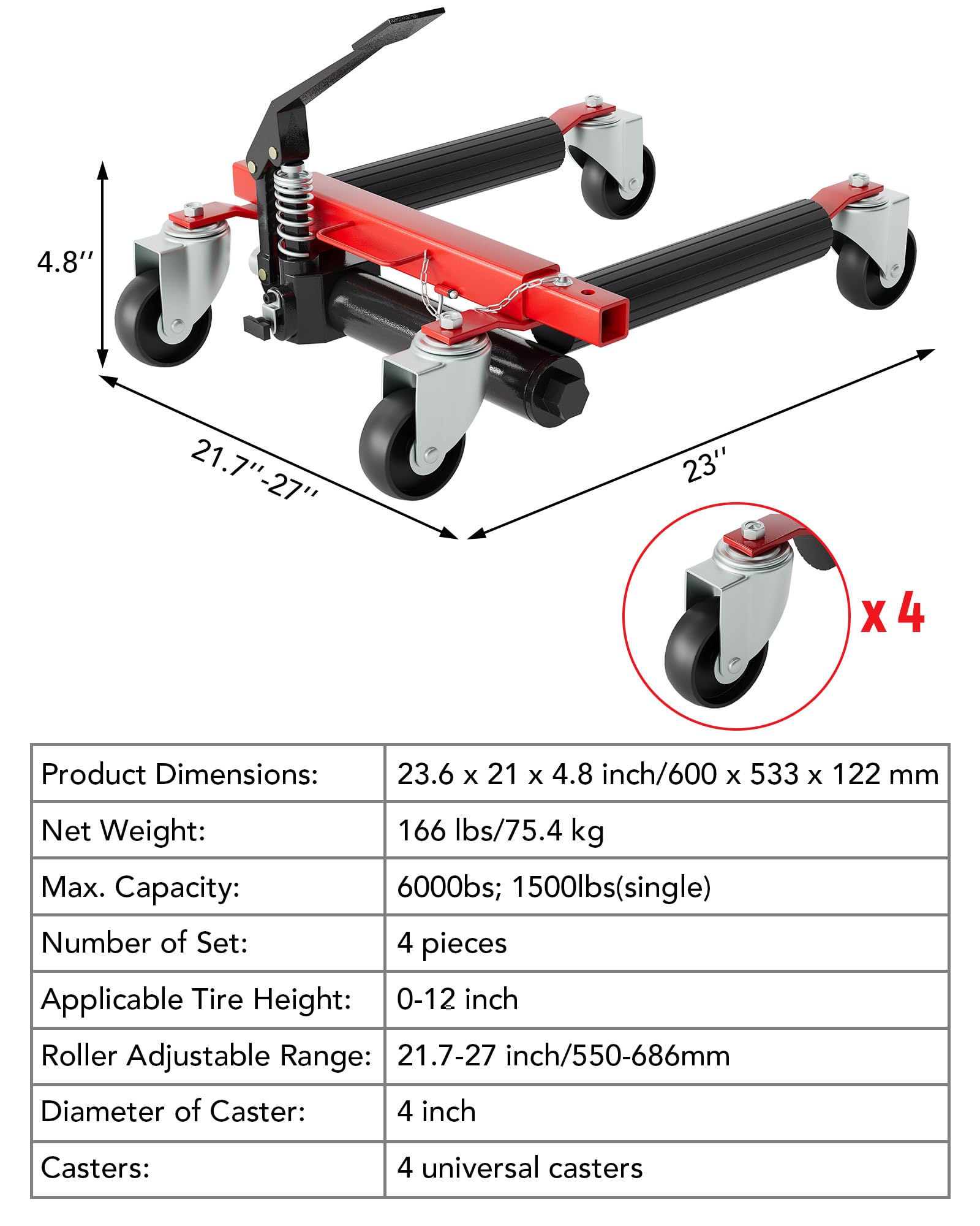 GarveeTech Car Wheel Dolly Set of 4, Hydraulic 6000lbs Car Skates, Heavy Duty Vehicle Positioning Wheel Dolly Jack with Foot Pedal for Tire Auto Repair Moving, Red