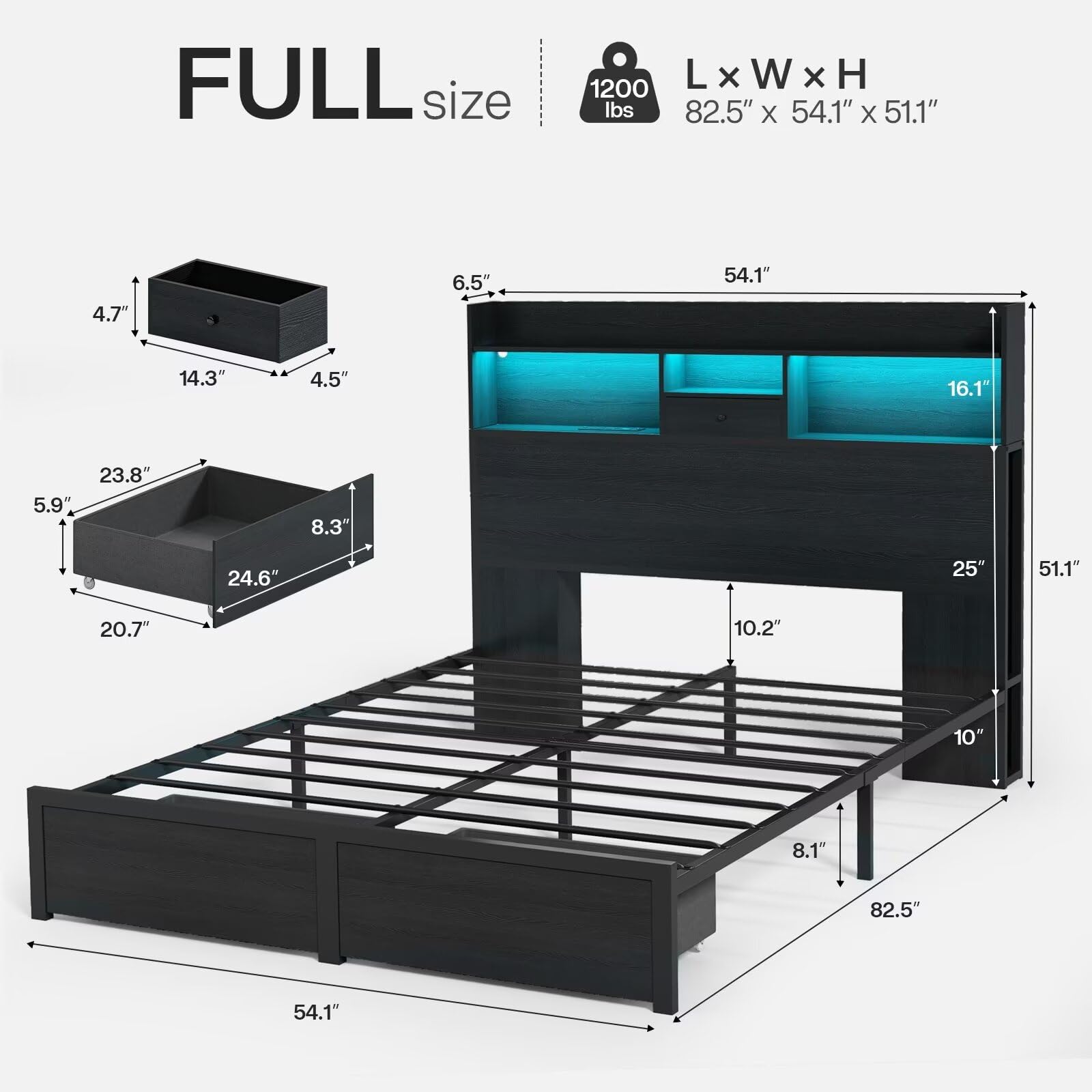 DOGIBIXO Queen Bed Frame with Storage Bookcase Headboard and LED Lights, 51.2" Tall Metal Platform Bed Frames with Drawers & Charging Station, No Box Spring Needed, Easy Assembly, Noise Free, Black