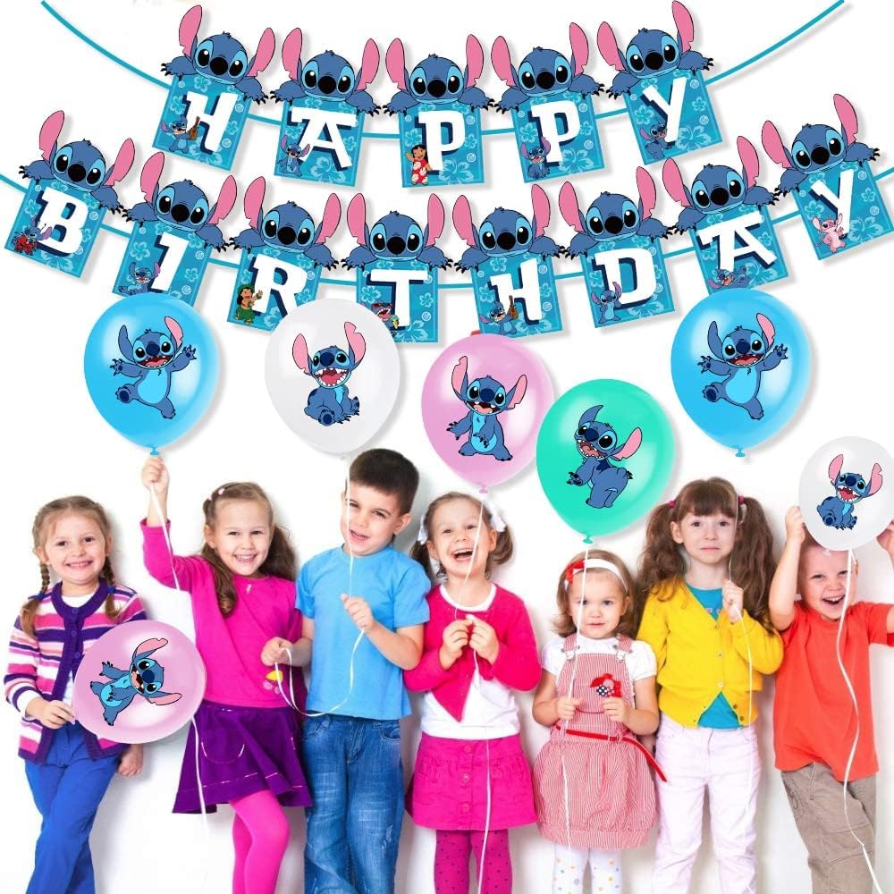 Stitch Party Supplies, 103PCS Birthday Decorations Set Include Banner, Balloons, Stickers, Hanging Swirls, Cake Cupcake Toppers, Tablecloth for Boys Girls Stitch Theme Party