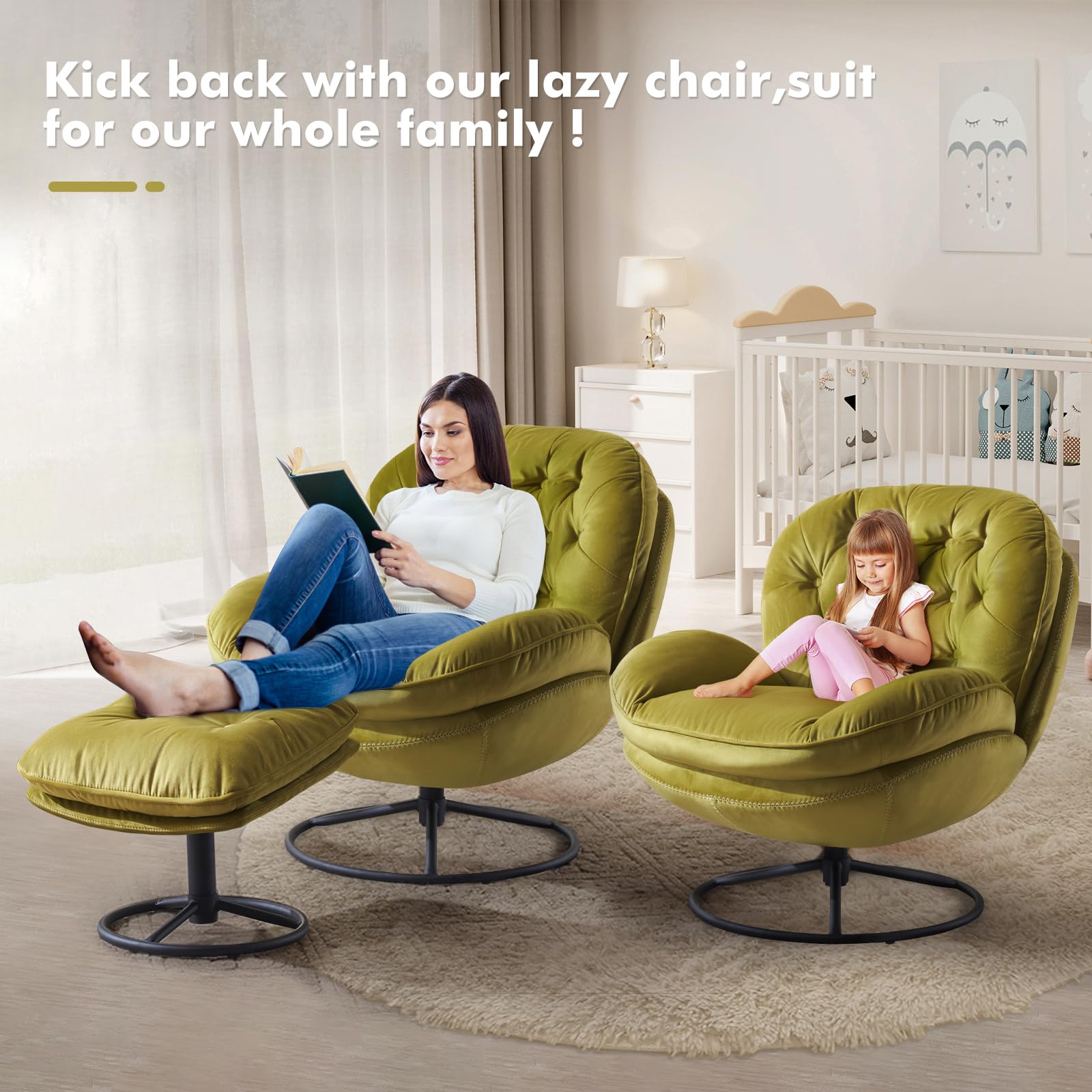 K Knowbody Swivel Accent Chair with Ottoman，Velvet Reading Chairs for Adults, Modern Upholstered Living Room Chairs,Oversized Comfy Chair for Bedroom,Lounge Chair,Green