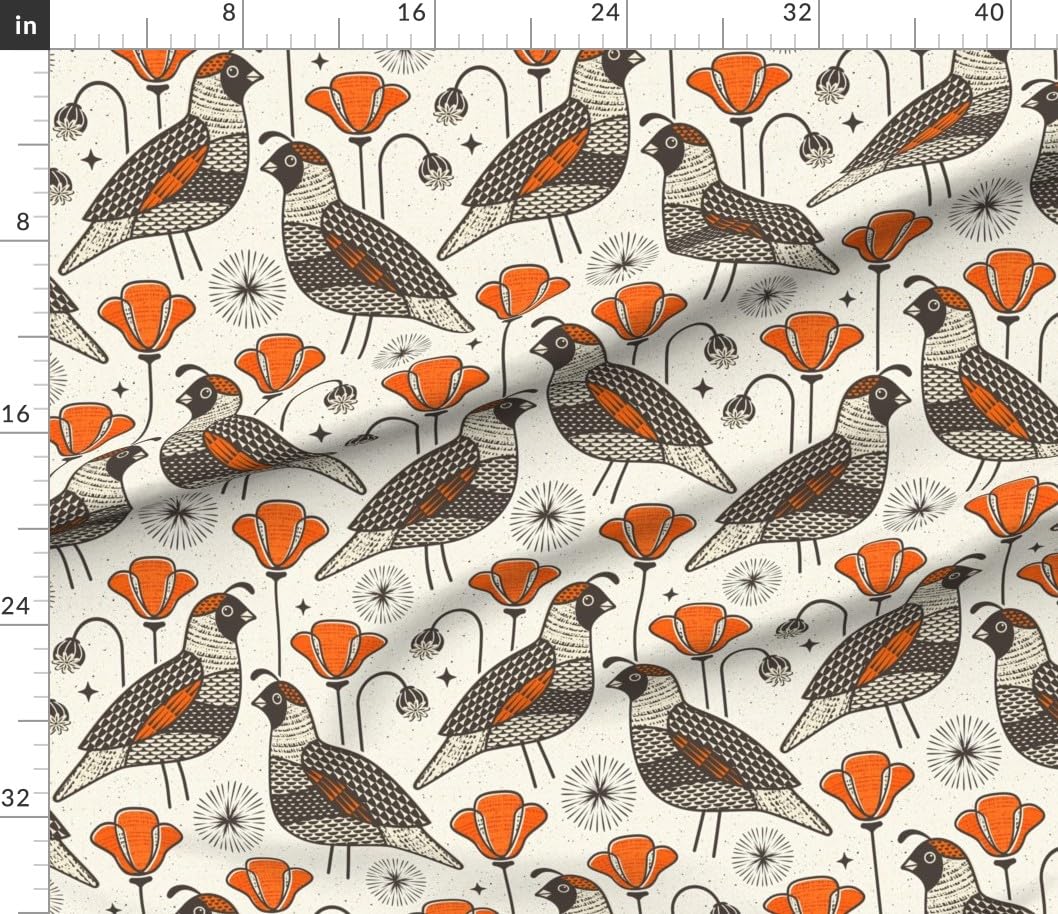 Spoonflower Fabric - Mid Century Quail Mod Floral Poppies Scandi Retro Neutral Bird Orange Printed on Petal Signature Cotton Fabric Fat Quarter - Sewing Quilting Apparel Crafts Decor