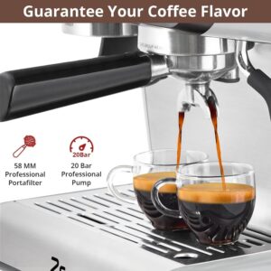 Professional Semi Automatic Espresso Maker With Grinder,Espresso Machine 20 Bar Coffee Machine Cappuccino Latte Maker With Milk Frother Steam Wand & 2.8L Water Tank (Silver with gun color plating)