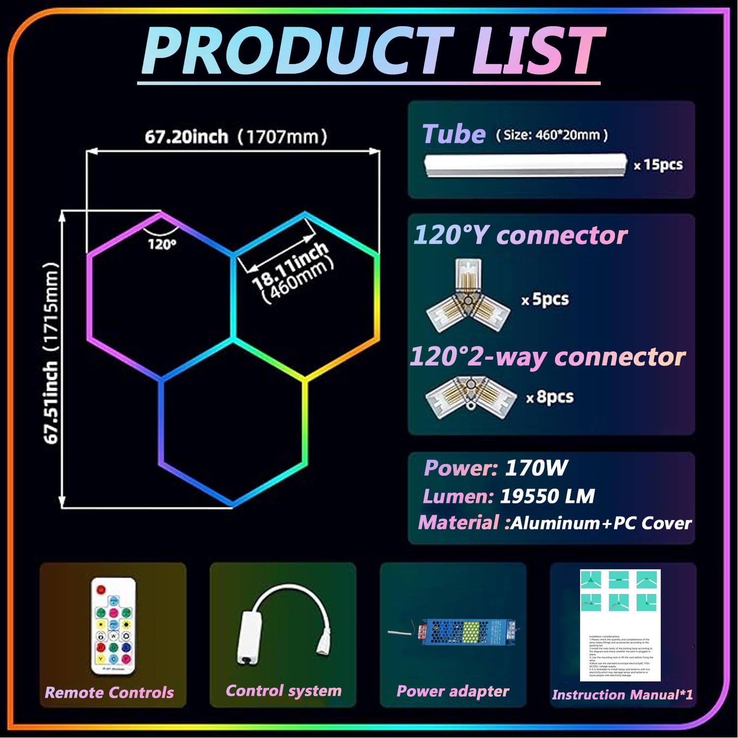 lylunnamsp Remote Hexagon Garage Lights, RGB Dimmable LED Hexagon Light with 358 Modes, LED Ceiling Light for Party, Gaming Room, Bar, Club, Gym 170W 19550LM