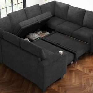 Belffin Sectional Sleeper Sofa Couch with Pullout Bed Modular Sectional Pull Out Couch with Storage. Dark Grey Couch