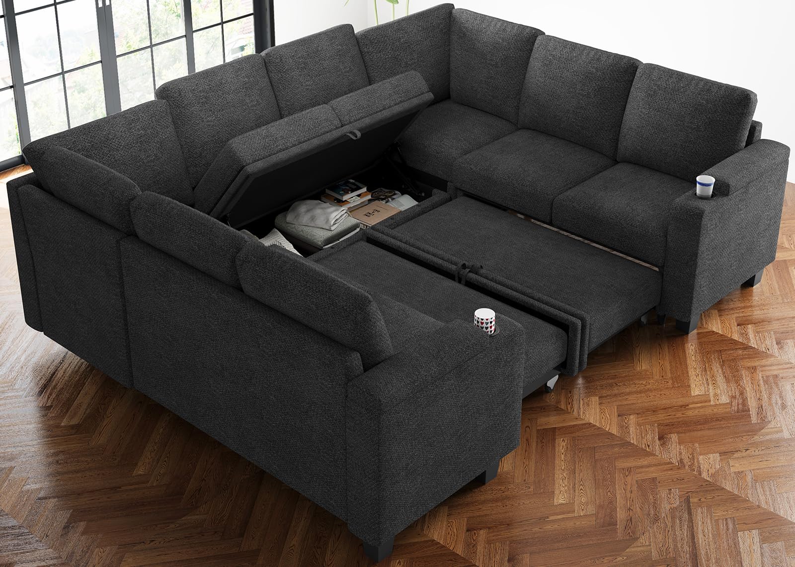 Belffin Sectional Sleeper Sofa Couch with Pullout Bed Modular Sectional Pull Out Couch with Storage. Dark Grey Couch