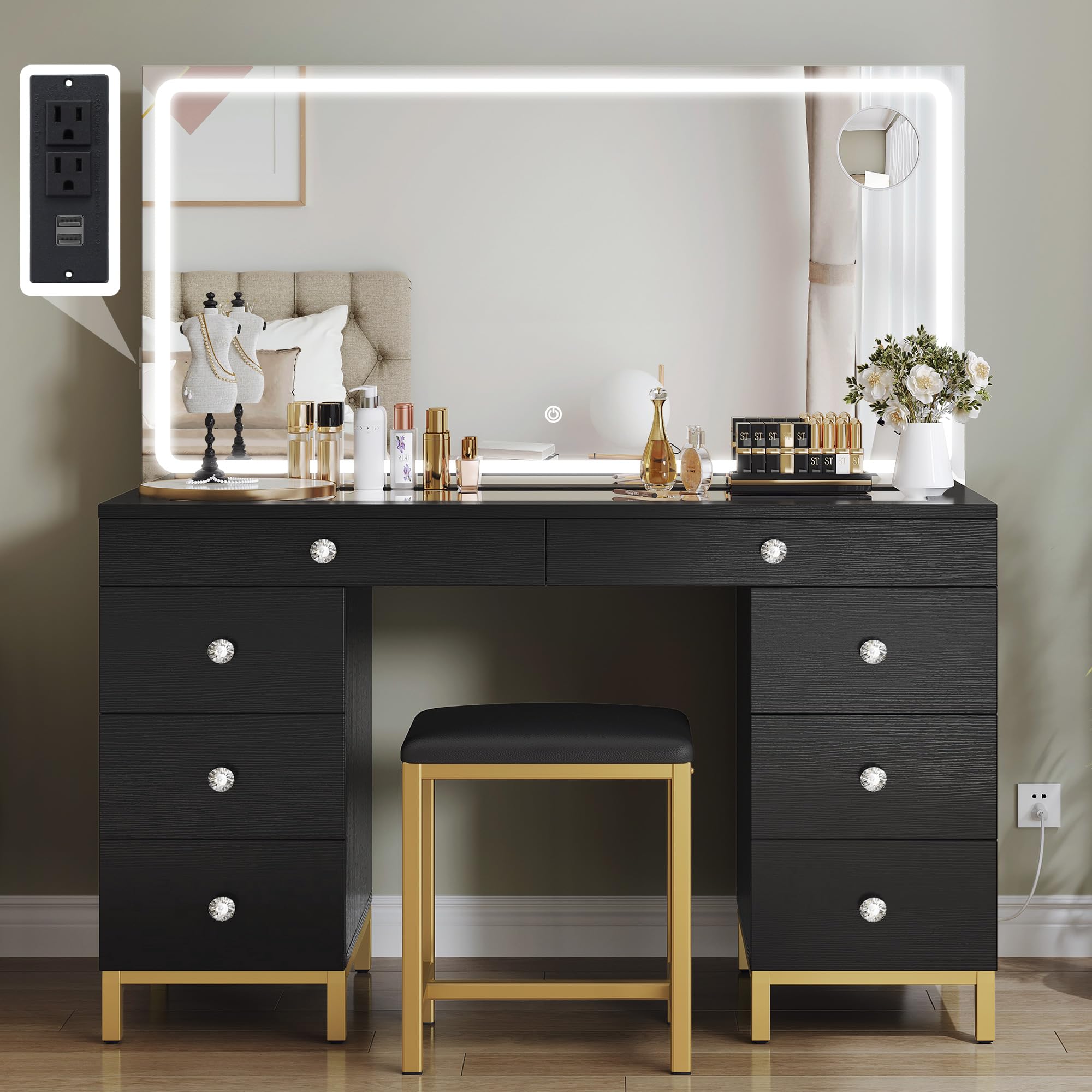 YITAHOME Vanity Desk with Mirror, Power Outlet and Magnifying Glass, Makeup Table with 8 Drawers, 3 Lighting Colors, for Bedroom and Dressing Areas, Black