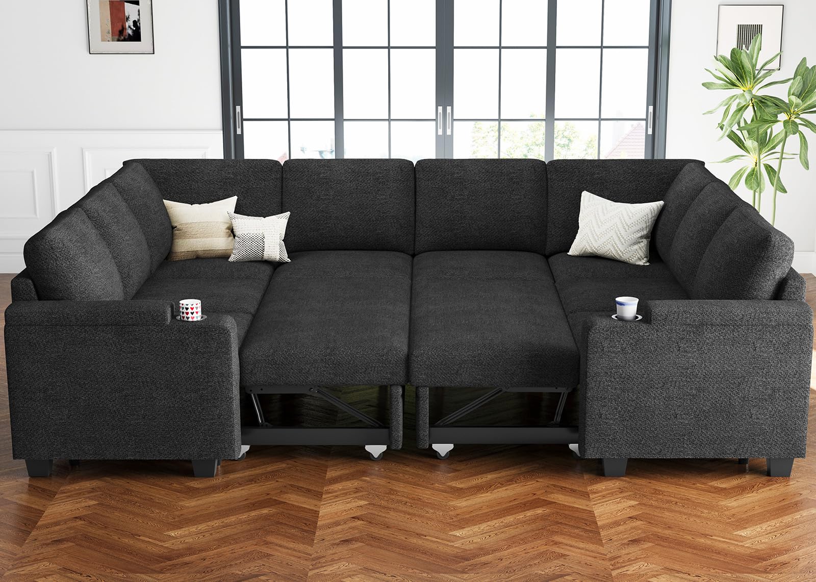 Belffin Sectional Sleeper Sofa Couch with Pullout Bed Modular Sectional Pull Out Couch with Storage. Dark Grey Couch