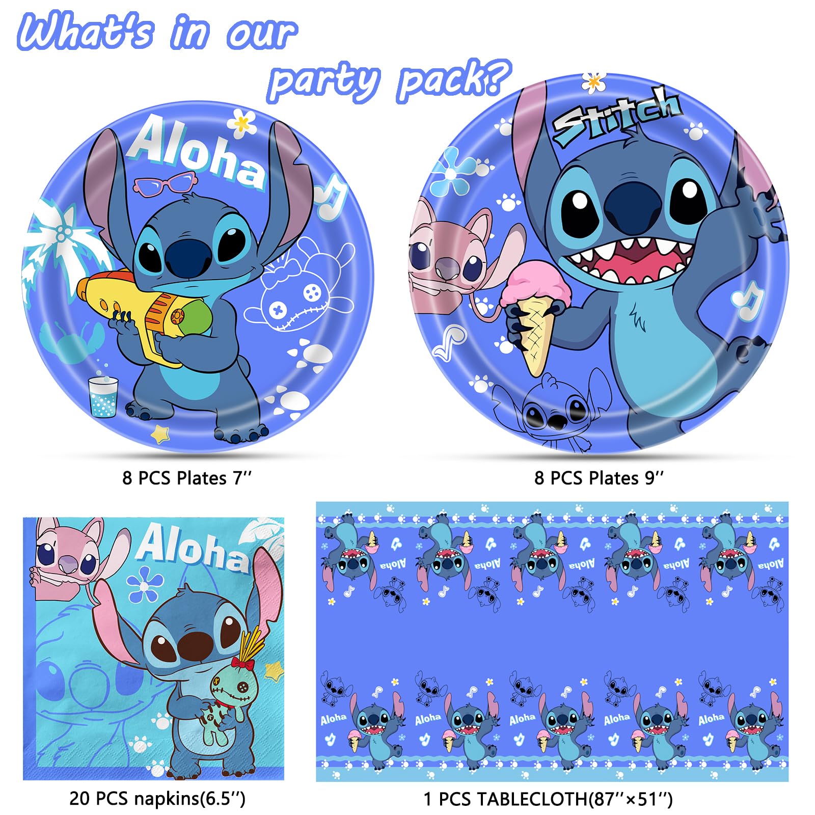 Stitch Party Supplies, 16 Plates, 20 Napkins and 1 Tablecover for Stitch Birthday Party Decorations